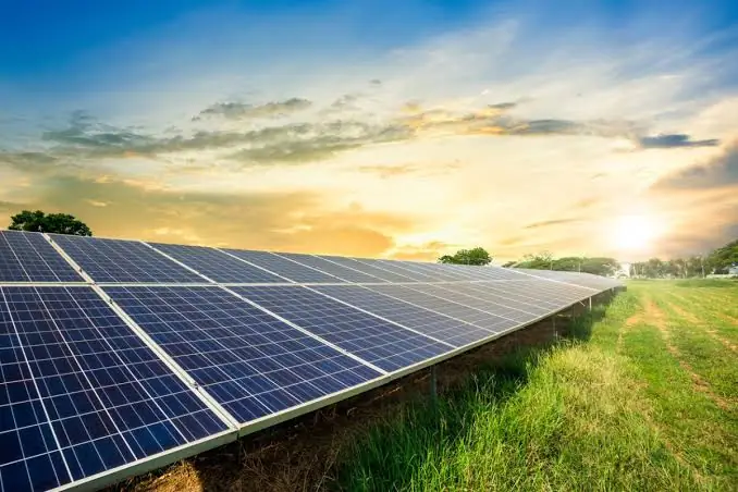 A ground-mounted solar array in a field, all modules on a single plane at a shallow pitch, photographed towards a low sun