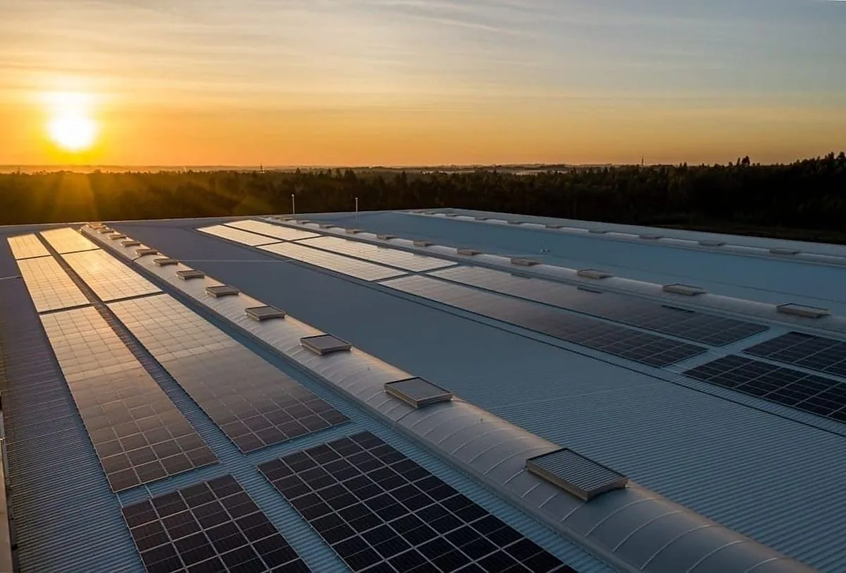 Long rows of solar modules on a large flat commercial roof, photographed towards a low sun near the horizon