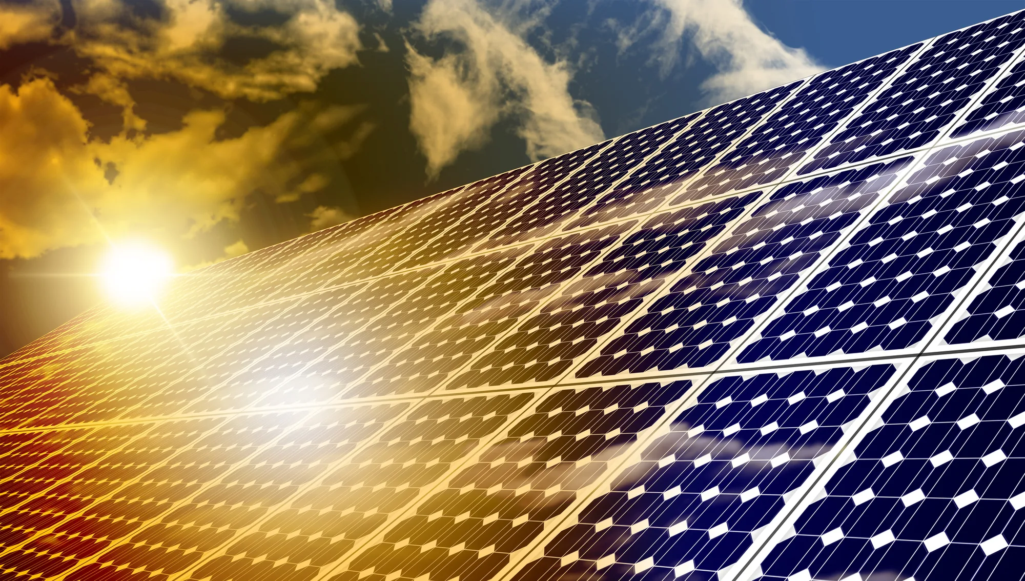 Crystalline solar modules photographed at a low angle with the sun flaring across the glass, the cell grid visible through the glare